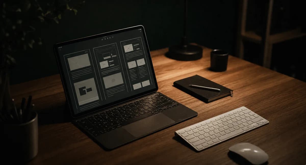 A dark frontend workspace with wireframes on a laptop screen
